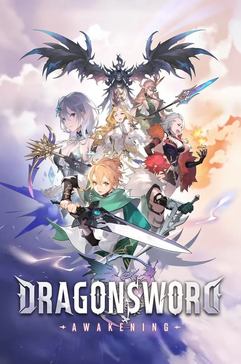 Key art for DragonSword: Awakening: the launch heroes in front of a winged dragon